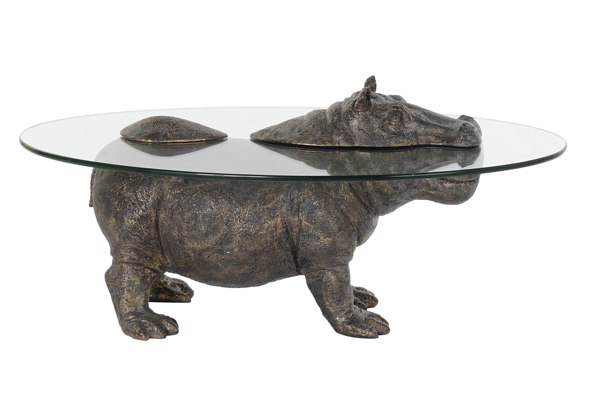 Esprit d'Autrefois boutique de meubles et décoration vous propose le table basse plateau en verre pied statue hippo debout anthracite