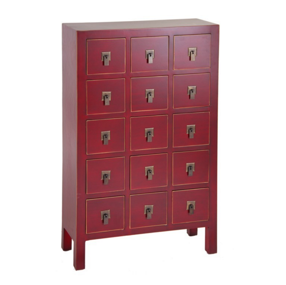 Esprit d'Autrefois vous propose le meuble de rangment de style orient/chinois de 15 tiroirs en coloris cire rouge au meilleur prix