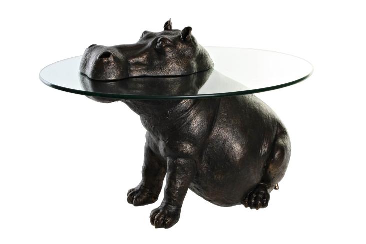 Esprit d'Autrefois boutique de meubles et décoration vous propose le Bout de canapé plateau en verre pied statue hippo assis anthracite