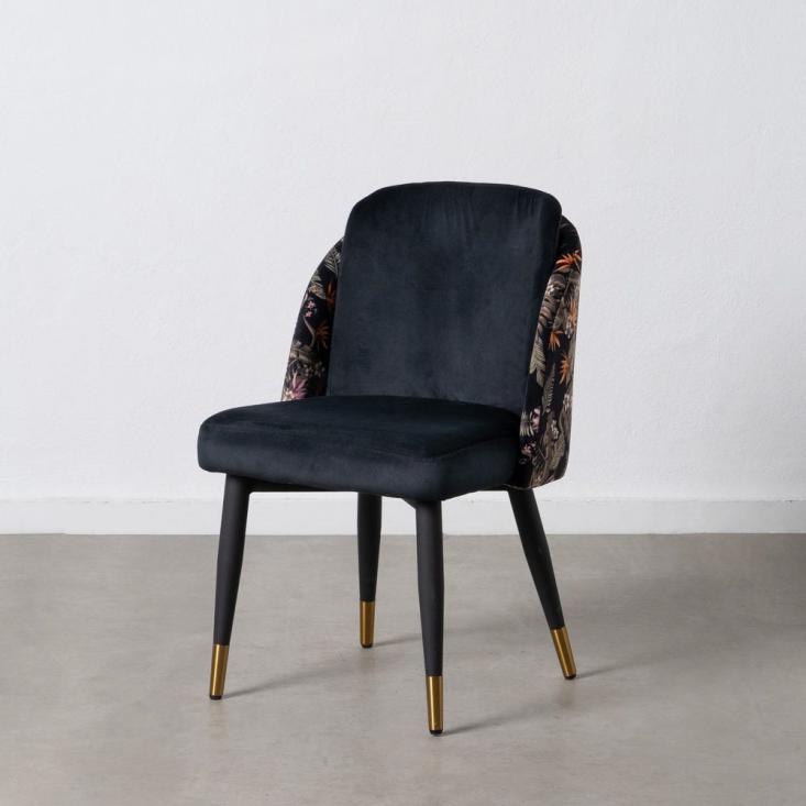 Esprit d'Autrefois boutique de meubles et décoration vous propose l'ensemble de 2 chaises en velours noirs dossier fleurs LUCIE
