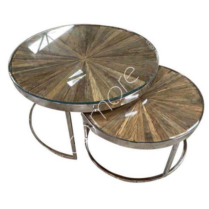 Esprit d'autrefois boutique de décoration et de mobilier, vous propose l'ensemble de  tables rondes dessus bois et piétement aluminium
