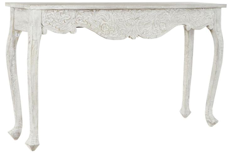 Esprit d'autrefois boutique de décoration à Orléans, vous propose Longue console galbée en manguier sculptée 150 cm blanchie