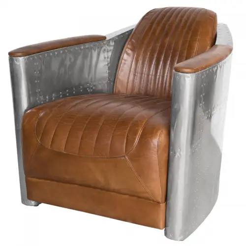 Esprit d'autrefois boutique de meubles à Orléans, vous propose le Fauteuil aviateur en cuir marron et dossier en métal