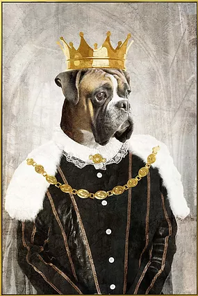 Esprit d'autrefois boutique de décoration à Orléans, vous propose la toile chien bulldog habillé en roi 80x120